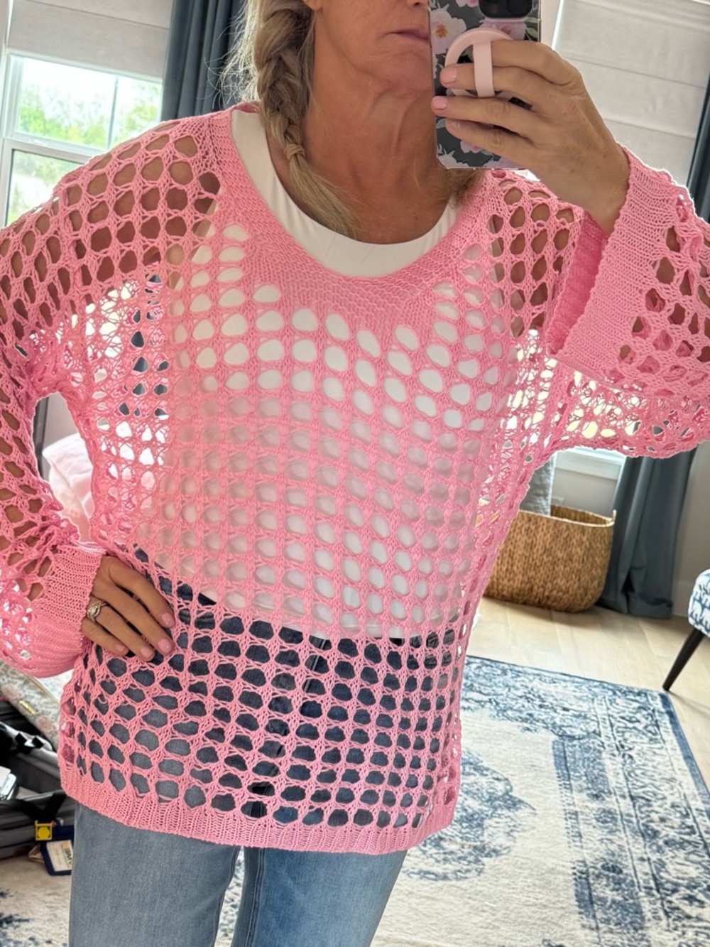 Pink Open-Knit Women's Sweater - Lightweight Layering Top
